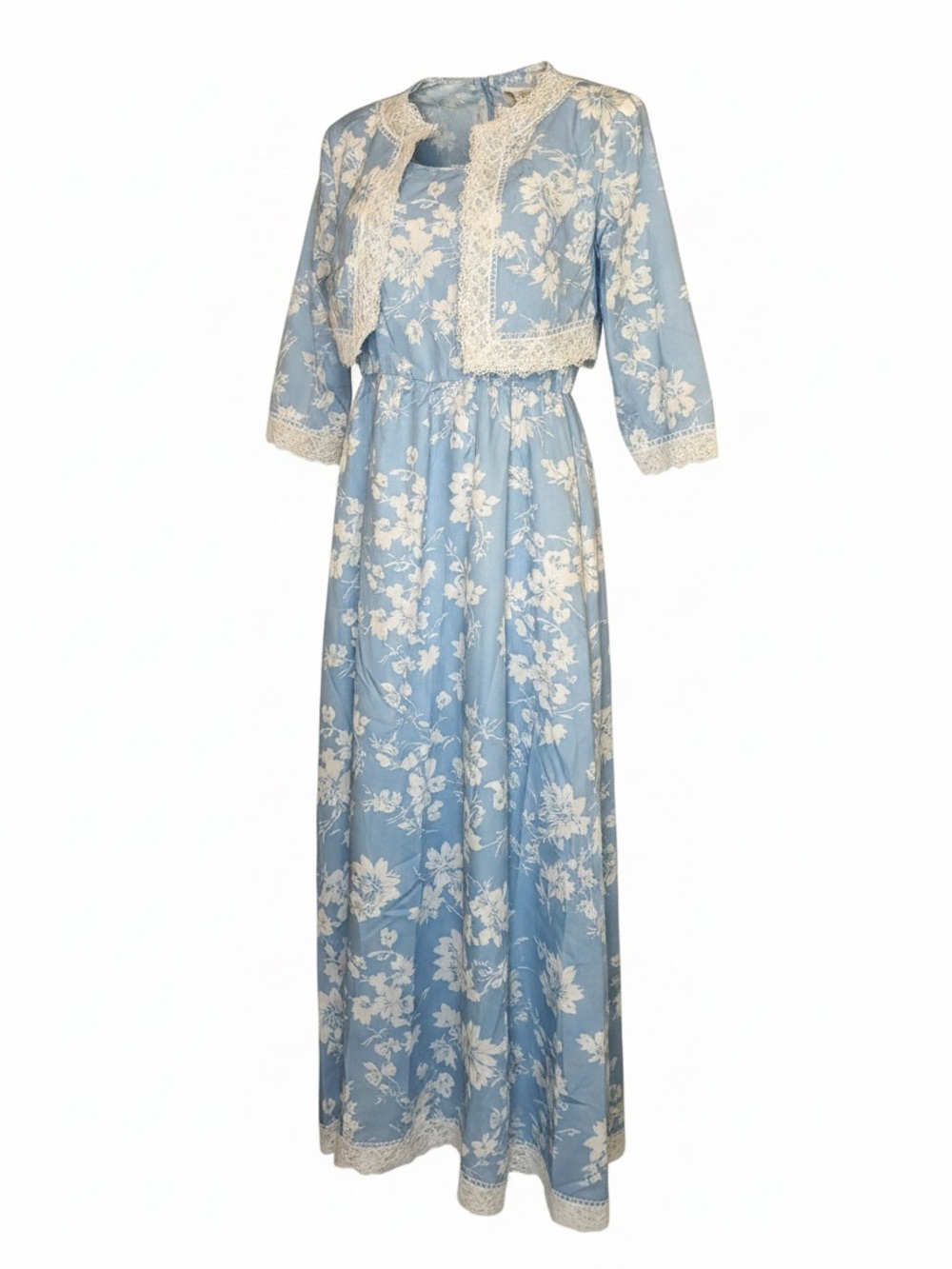 Blue Floral Maxi Dress with Matching Lace Trim Jacket – Size Large – NWOT